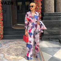 VAZN GYMT19701 Office Lady Style Loose Colorful V-neck Print Sexy 2019 Set lONG Sleeve Long Pant 2 Piece Sets Night Club Sets