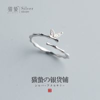 ⊕♛ Cat sting bamboo ring female S925 pure silver and pure and fresh literary textual contracted creative students open bracelet adjustable