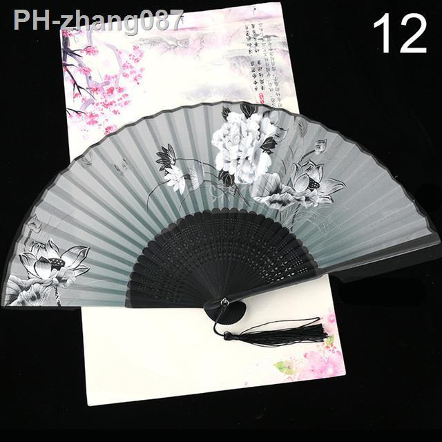 chinese-folding-fan-vintage-style-silk-japanese-pattern-craft-gift-home-decoration-ornaments-wooden-shank-classical-dance-fan