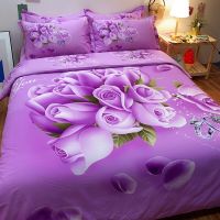 Four-Piece Cotton Winter Bedding Purple Brushed Thickened Printed Plant Flower Bed Sheet Quilt Cover Heat Preservation and Warm