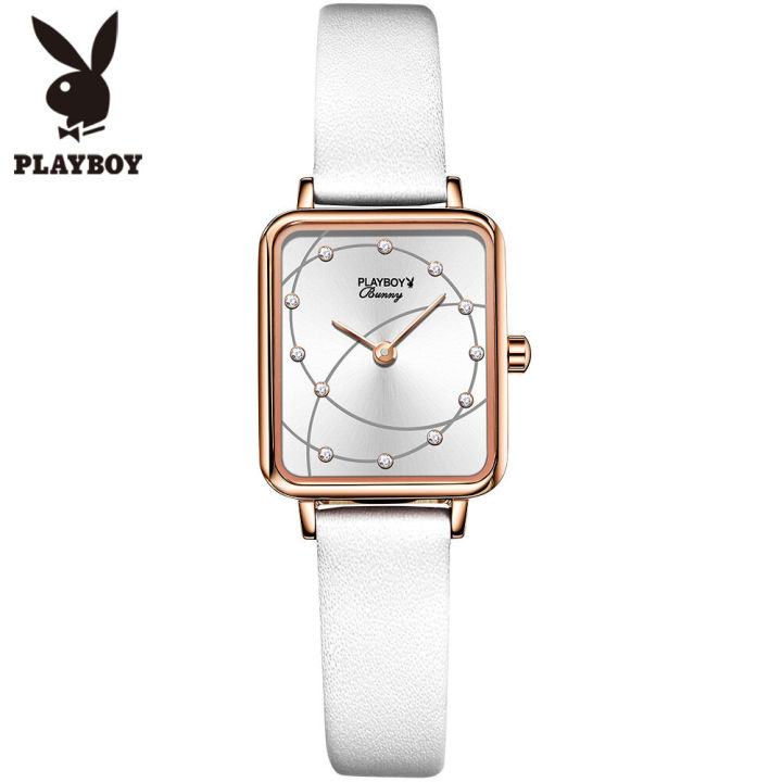 นาฬิกา-playboy-หญิง-กันน้ำ-แบรนแท้ชุดนาฬิกาสี่เหลี่ยมสำหรับ-สายหนังแท้-ของขวัญสำหรับสุภาพสตรี