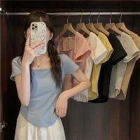 ✜¤ 53350 New Style Big U-Neck Slimmer Look Slim-Fit Irregular Short-Sleeved T-Shirt