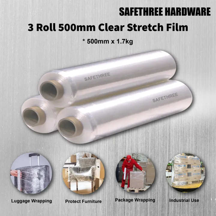 (3 Roll) 500mm x 1.7kg Clear Stretch Film / Wrapping Plastic Wrap Roll Packaging / Hand Roll