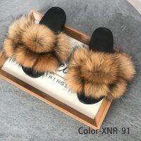 Fur Slippers Natural Fox Hair Fluffy Cute Plush Ladies Flip Flops Summer Home Outdoor Non-Slip Wear-Resistant Flat Sandals