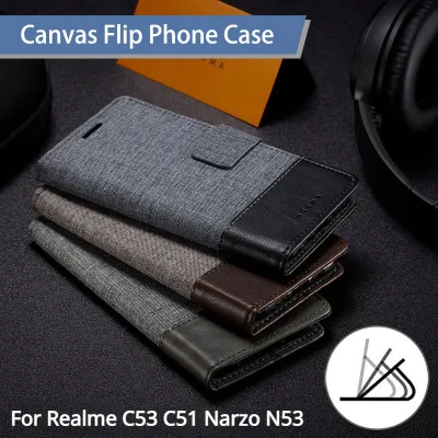 แบบฝาพับเนื้อผ้าใบเคสสำหรับ Realme C53 Realme C51 Narzo N53 LTE Cloth เคสฝาปิดโทรศัพท์หนังที่ยึดตั้งกันกระแทกกระเป๋าเงินมีช่องเสียบบัตร