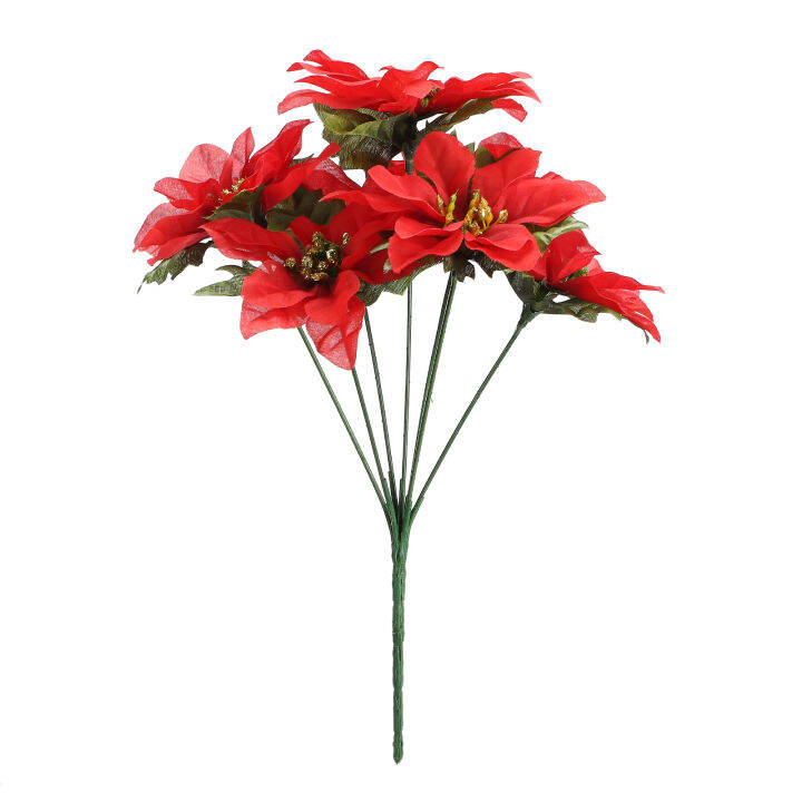 poinsettia-ช่อดอกไม้ตกแต่งจำลองใบดอกไม้ผ้าไหม-โฟมพลาสติกลวดสีแดงสำหรับในร่มกลางแจ้งเครื่องประดับต้นคริสต์มาสของตกแต่งต้นคริสต์มาสความงาม