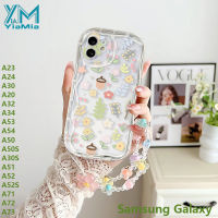 YiaMia เคสโทรศัพท์สำหรับหญิงสาวน่ารักแท้แฟชั่นสำหรับ Samsung Galaxy A23 A30 A20 A32 A34 A53 A54 A50 A50S A30S A24 A52 A52S A71ดอกไม้และพืชที่สร้างสรรค์ฝาหลังโปร่งใสทำจาก TPU แบบนิ่มพร้อมสร้อยข้อมือ