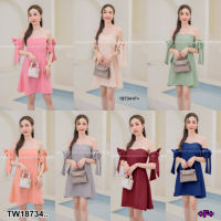 B18734 เดรสสั้น แต่งโบว์แขน สม็อคหลัง  Short dress with bow, sleeves, back smock