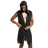 Mens Sleep Tops Hooded Bathrobe Sleeveless Cardigan Ice Silk HBathrobes with Belt Bath Robe Homme Pajamas Kimono Male Sleepwear