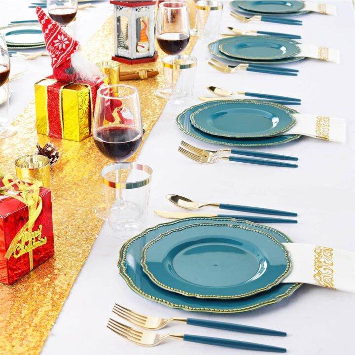 cw-70-disposable-tableware-plastic-plate-with-gold-rim-and-silverware-cup-napkin-set-wedding-supplies