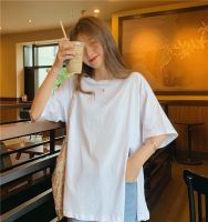 [COD] pure white T-shirt womens 2022 summer new Korean version of irregular slit round neck all-match fashion short-sleeved