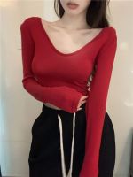 Crop Top Sexys Long Sleeve Top Women Clothing 2023 New Spring Autumn Basic V-Neck T Shirt Female Fashion Korean Femme Y2K Top