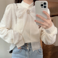 Solid Stand Collar Long Sleeve Blusas Mujer Spring Aesthetic Bottomed Shirts Tops Korean Chic Bow Patchwork Blouses Femme