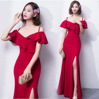 Noble BrideS Toast Dress Ruffle Edge Deep V Suspender Straight Neck Off Shoulder Slit Fishtail Long Dress Host