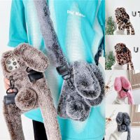 Neck Strap Cute Rabbit Ears Fur Plush Phone Case For Samsung Galaxy S23 Plus S22 Ultra S21 FE A04 A04S A14 A24 A34 A54 M13 Cover