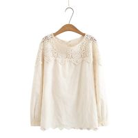 HOT”【มีไซส์ใหญ่】Plus Size XL-4XL Womens Cotton&amp;Lace Blouse Long Sleeved A-line Floral Embroidery Elegant Tops