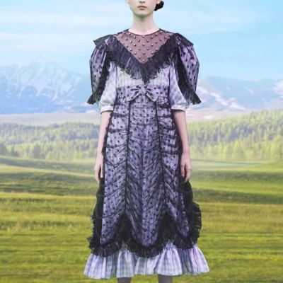 P010-107 PIMNADACLOSET - Short Puff Sleeve V Neck Decorate With Clear Clystal Black Mesh Ruched Woven Plaid Midi Dress
