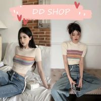 DD SHOPพร้อมส่ง 45667 เสื้อไหมพรมแขนสั้น คอกลม ดีเทลคาดรุ้งน่ารักมาก  -C