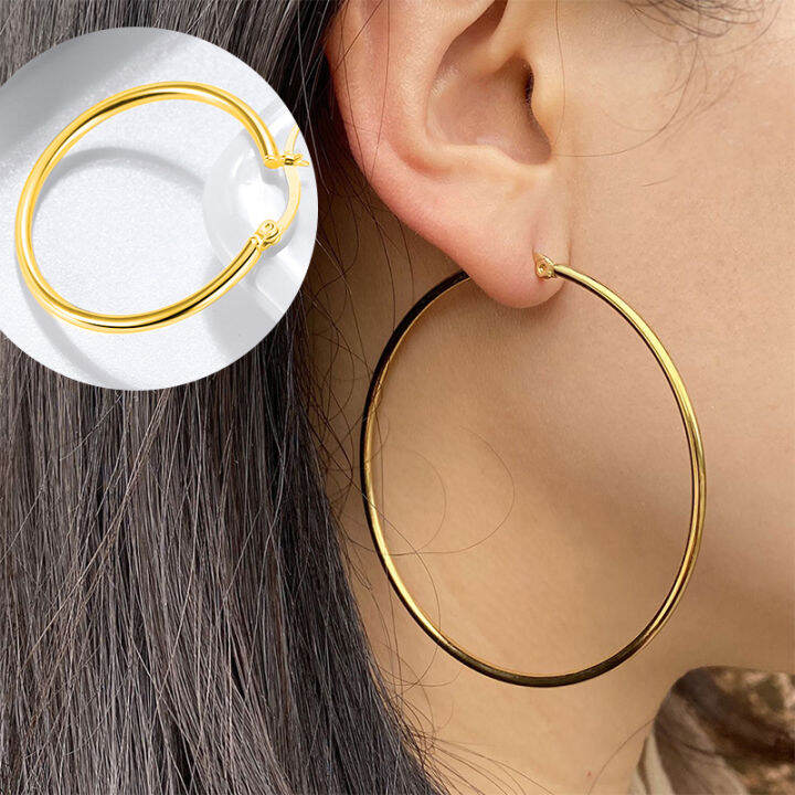 2pcs Big Round Circle Hoop Earrings Women Stainless Steel Korean Round