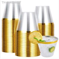 ✙™▣ 10/50/100 copos plásticos do ouro dos pces 9 oz claros com bebendo cocktail da borda descartáveis festa de casamento