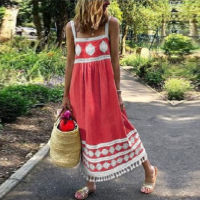 Women Elegant Square Collar Beach Dress Sexy Sleeveless Backless Long Party Dress Summer Casual Loose Tassel Print Maxi Dresses