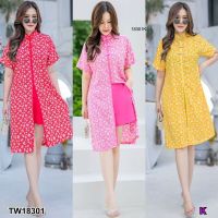 TT18301 Set #สาวอวบ เสื้อคอจีนตัวยาว กุ๊นขอบ + กางเกงขาสั้น	 Set #Chubby girl, long Chinese collar shirt, edge hem + sho