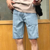 [COD] splicing denim new Korean style casual fashion all-match light blue mens handsome mid-pants trendy