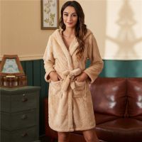 〖Gesh department store〗Thicken Fuzzy Robes Bathrobe Long Women Cute Ear Warm Hooded Robe Rabbit Flannel Kimono Bath Robe Dressing Gown Velvet Sleepwear