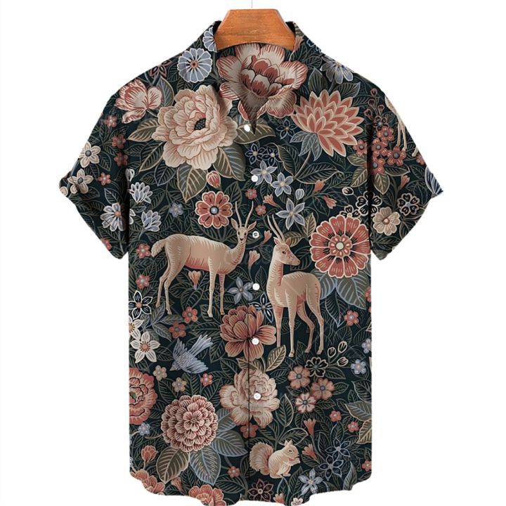 เสื้อลายดอกไม้สำหรับผู้ชายเสื้อพิมพ์ลาย3d-สัตว์เดรสคอปกแขนสั้นวินเทจปาร์ตี้ลำลองฤดูร้อน-s-5xl-เสื้อชายวันหยุดฮาวาย