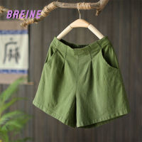 BREINE ฝ้ายลินินกางเกงขาสั้นแบบลำลองเอวสูงฤดูร้อนของผู้หญิงสีทึบ503P070ขาเรียวขากว้าง