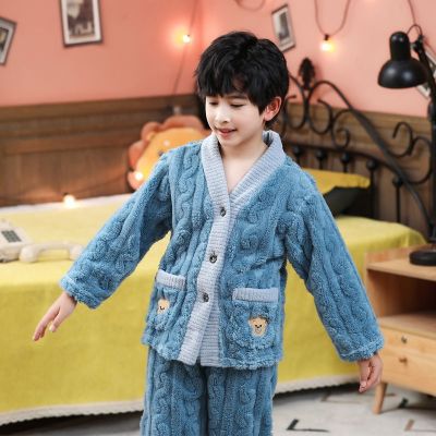 MUJI High quality childrens pajamas mens autumn and winter new flannel suits big boys and babies warm cartoon home clothes
