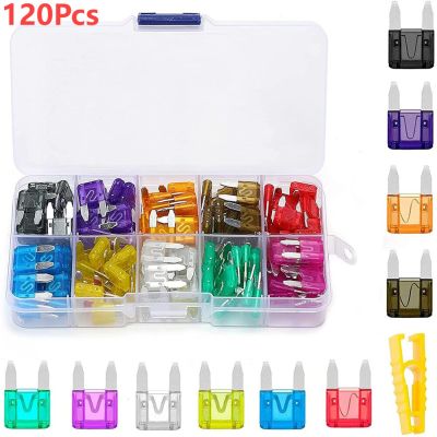 120pcs Mixed Mini Blade Fuses Auto Car Truck Assortment Fuse Assortment Kit 2A/3A/5A/7.5A/10A/15A/20A/25A/30A/35AAdhesives Tape