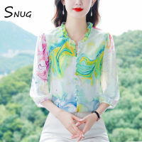 SNUG 2023ใหม่ฤดูใบไม้ผลิและฤดูใบไม้ร่วงสุดชิคปกใบบัวสุดชิคเสื้อเชิ้ตผ้าชีฟองลายดอกไม้แขนสามส่วนเข้ากับทุกชุดเสื้อสลิมมิ่งแฟชั่น