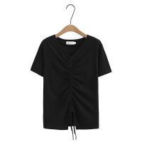 【มีไซส์ใหญ่】Plus Size Womens V-neck Solid Color Summer T-shirts Oversized Irregular Female Tops Short Sleeve White Black Tee