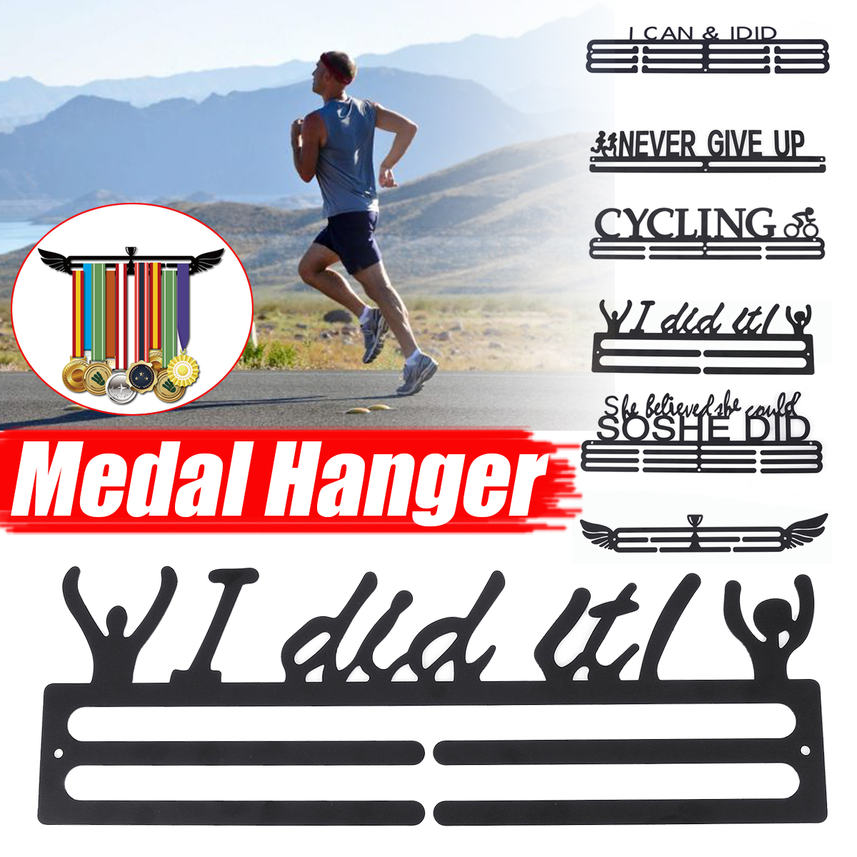Medal Display Holder Hanger Run Swim Sport Stainless Steel Rack Wall Hook Black 