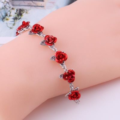 Romantic Adjustable Red Rose Link Chain Bracelet Fashion Valentine Gift for Lover Womens Hand Bracelets Bride Jewelry Accessori