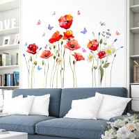 110x70cm Red Flowers PVC Wall Stickers Room Decoration Butterfly Wall Decals Wall Decor Sticker for Living room Bedroom Home