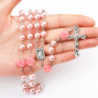 Fedealk 4 Colors 6Mm Glass Imitation Pearl Rose Catholic Rosary Necklace Virgin Mary Religious Cross Necklace Fashion Women Wedding Party Jewelry