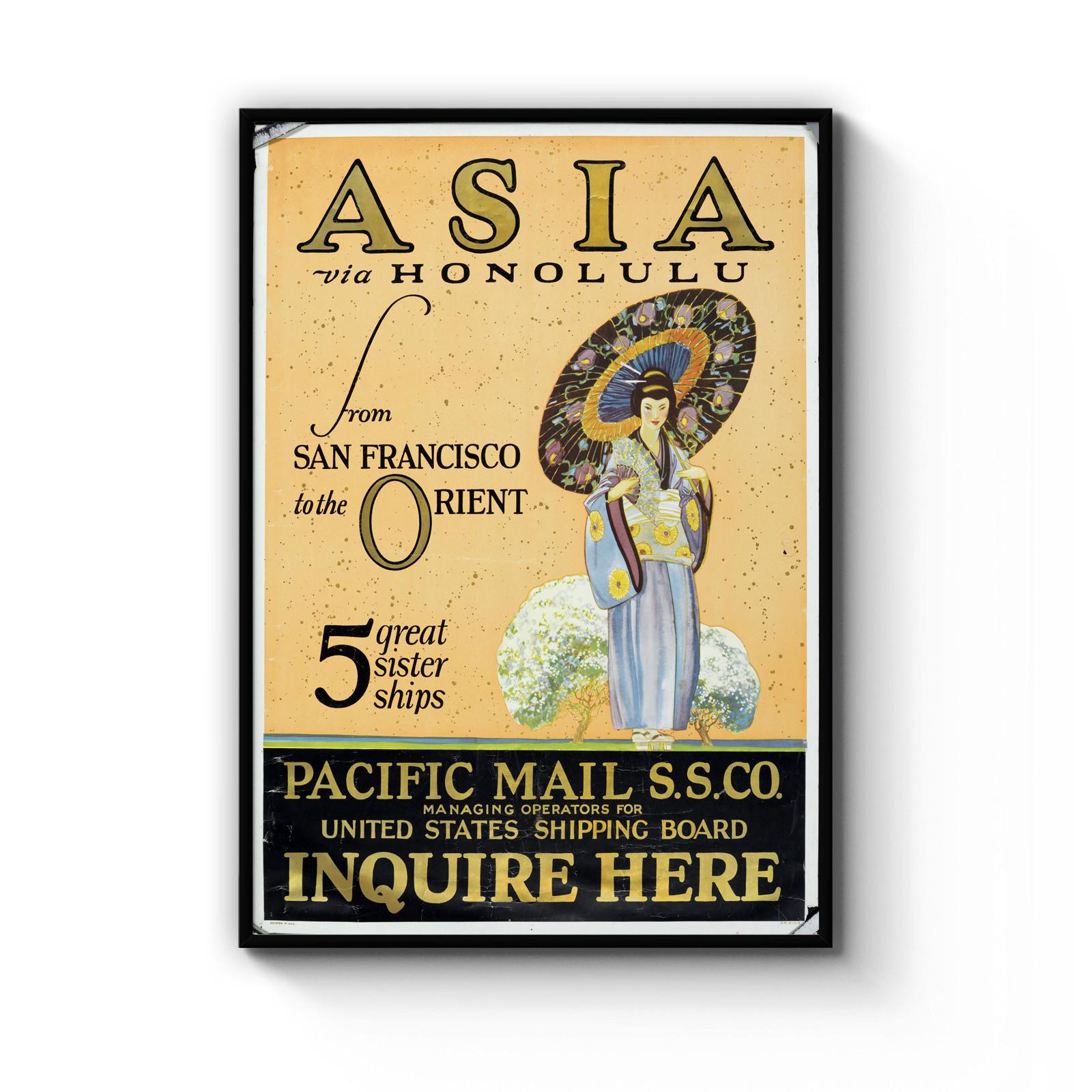 A4 Vintage Asia Via Honolulu Oriental Travel Poster Gift Art Print B1 Framed 