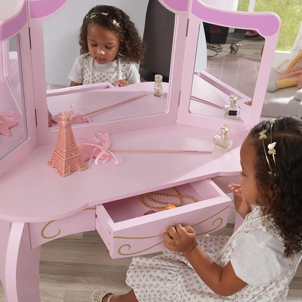 Kidkraft Deluxe Wood Makeup Vanity Table With Chair And Mirror