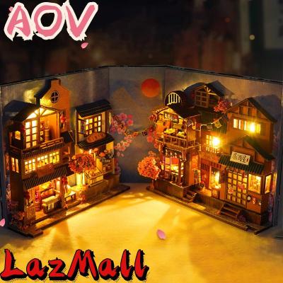 AOV 3D ปริศนาไม้ Bookend DIY Book Nook Kit LED Light ชั้นวางใส่ Alley Miniature Dollhouse ชุด COD จัดส่งฟรี