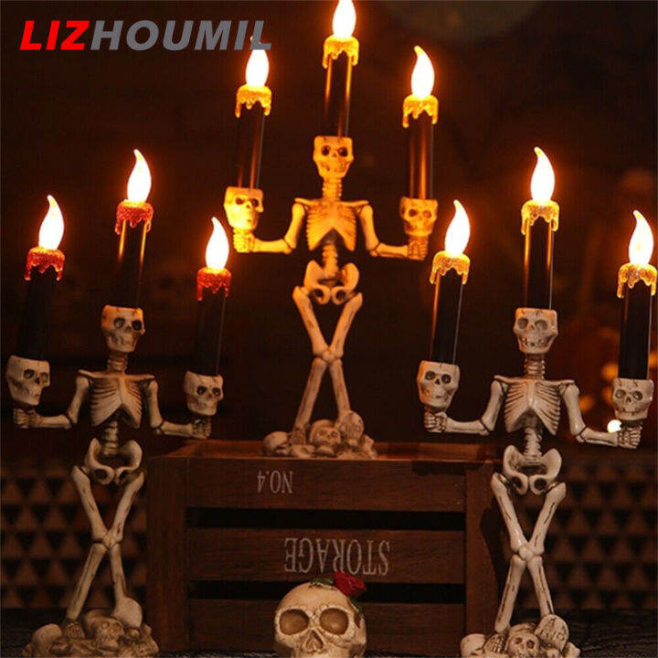 lizhoumil-เชิงเทียนเทียนหัวกระโหลกฮาโลวีน-เชิงเทียนสำหรับของตกแต่งงานฮาโลวีนปลอดภัยไร้เปลวไฟ-led