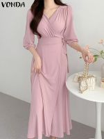 【HOT】✚ V-neck 2023 Sundress 3/4 Sleeve Waist A Hem Vestidos Fashion Office Robe