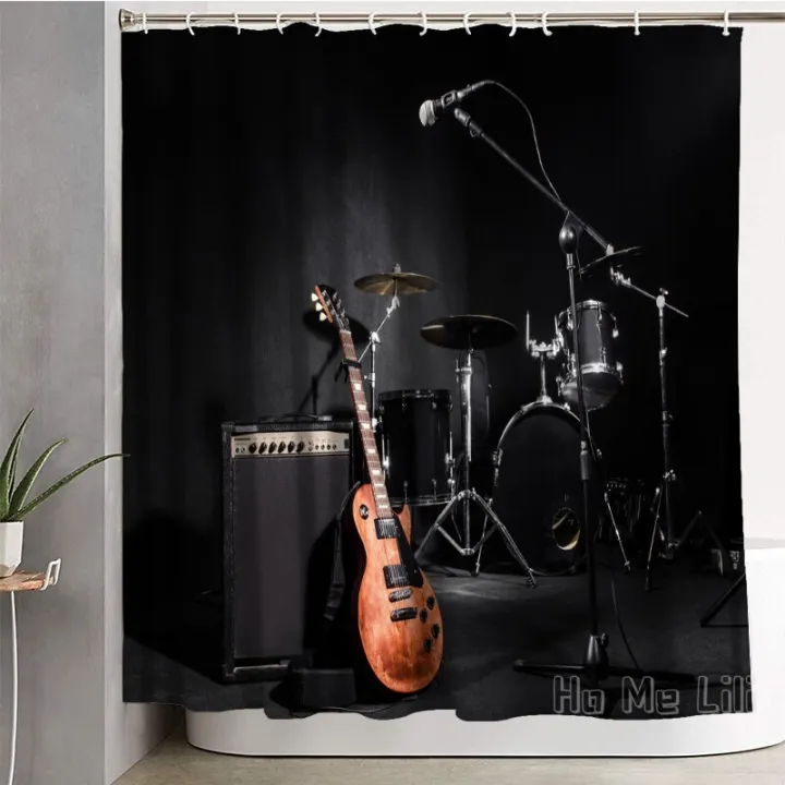 Musical Instruments Guitar With Drum In Black Shower Curtain Decor