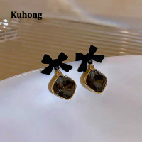 Kuhong สีดำ Jewel Bow Dangle ต่างหูสำหรับผู้หญิง Statement Square ต่างหูผู้หญิง Party วันเกิดของขวัญ Charm เครื่องประดับ