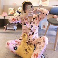 2 Piece Suit Spring Summer Women Sleepwear Pajamas Set Kawaii Bear Strawberry Print Short Sleeves Long Pants Pijamas Sets M-2XLTH