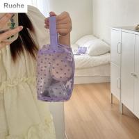 RUOHE เคสกระเป๋าเก็บของ Tas Kosmetik หัวใจลายคลื่นตาข่ายแบบเป็นจุดกระเป๋าซิปรักโปร่งใสสำหรับผู้หญิง