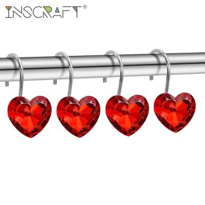 12PCS Bling Small Crystal Red Heart Shower Curtain Hooks Decorative Rhinestones Shower Curtain Rings for Bathroom Decor