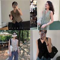 Cici(2247)TankTop? เสื้อเบลเซอร์แขนกุดคอวี ดีเทลกระดุมผ่ากลางสไตล์วินเทจเกาหลี