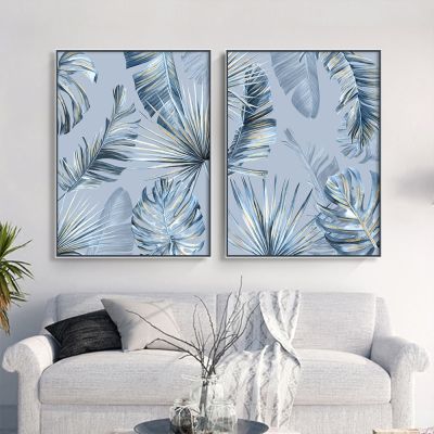 2PCS Scandinavian Blue Palm Leaves ภาพวาดผ้าใบ-Nordic พืชโปสเตอร์ภายใน Wall Art รูปภาพสำหรับห้องนั่งเล่น Home Decor
